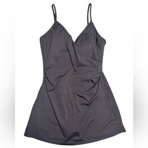 Garnet Hill Signature Surplice Wrap Front Grey Swim Dress One Piece Swimsuit